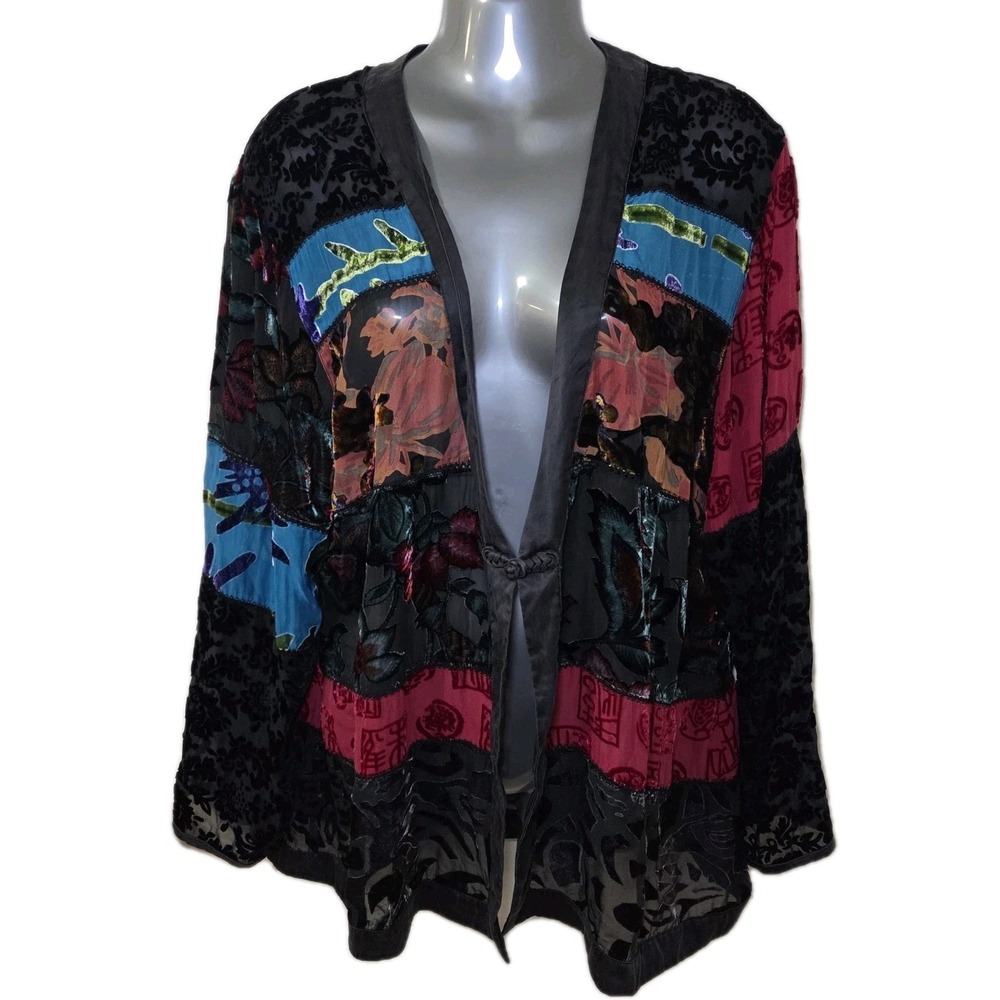 Chicos Patchwork Silk Burnout Velvet Cardigan 3 Boho Artwear Lagan Whimsigoth‎